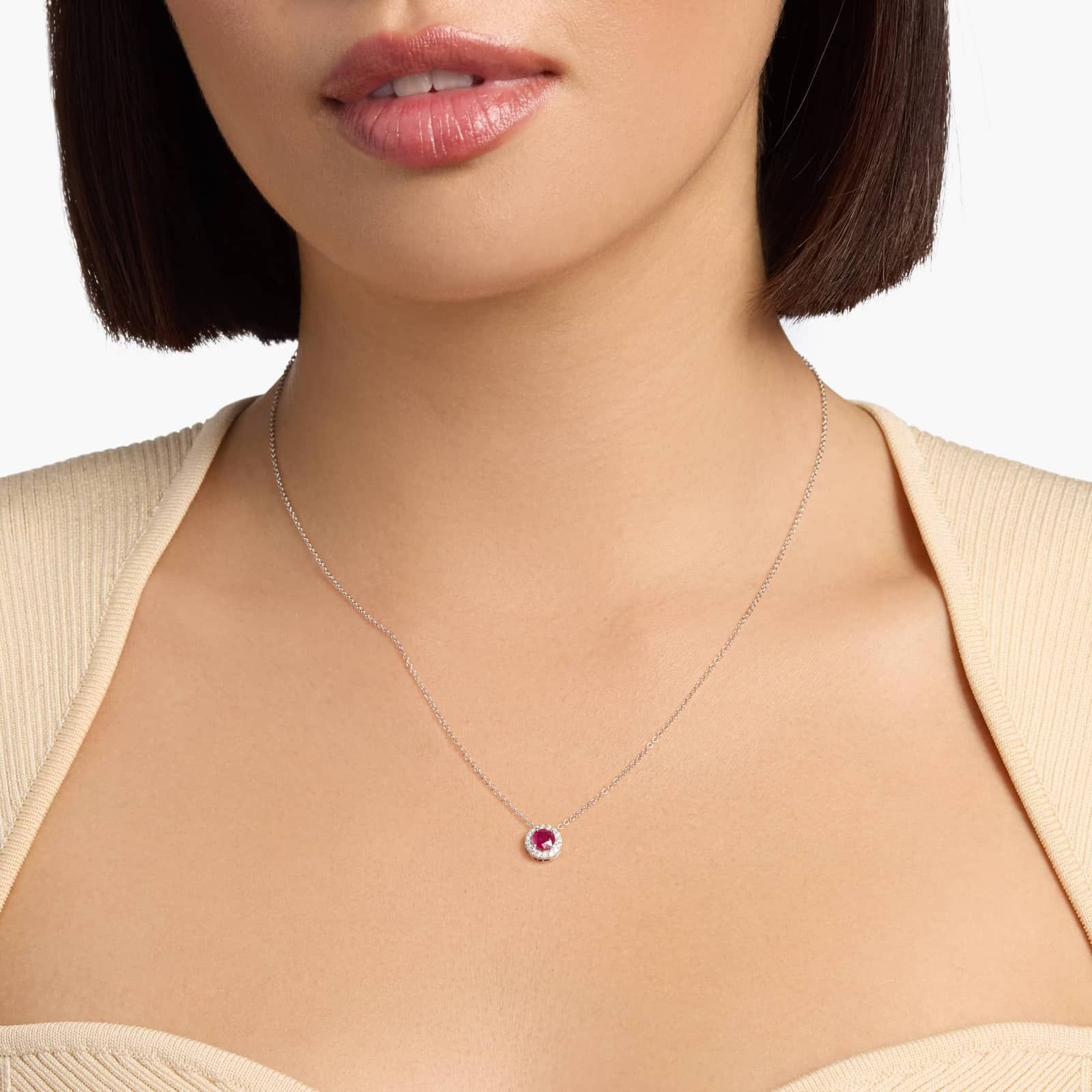 Sterling Silver Ruby Diamond Halo Pendant Chain Necklace