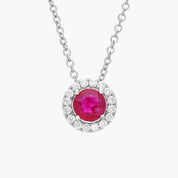Sterling Silver Ruby Diamond Halo Pendant Chain Necklace
