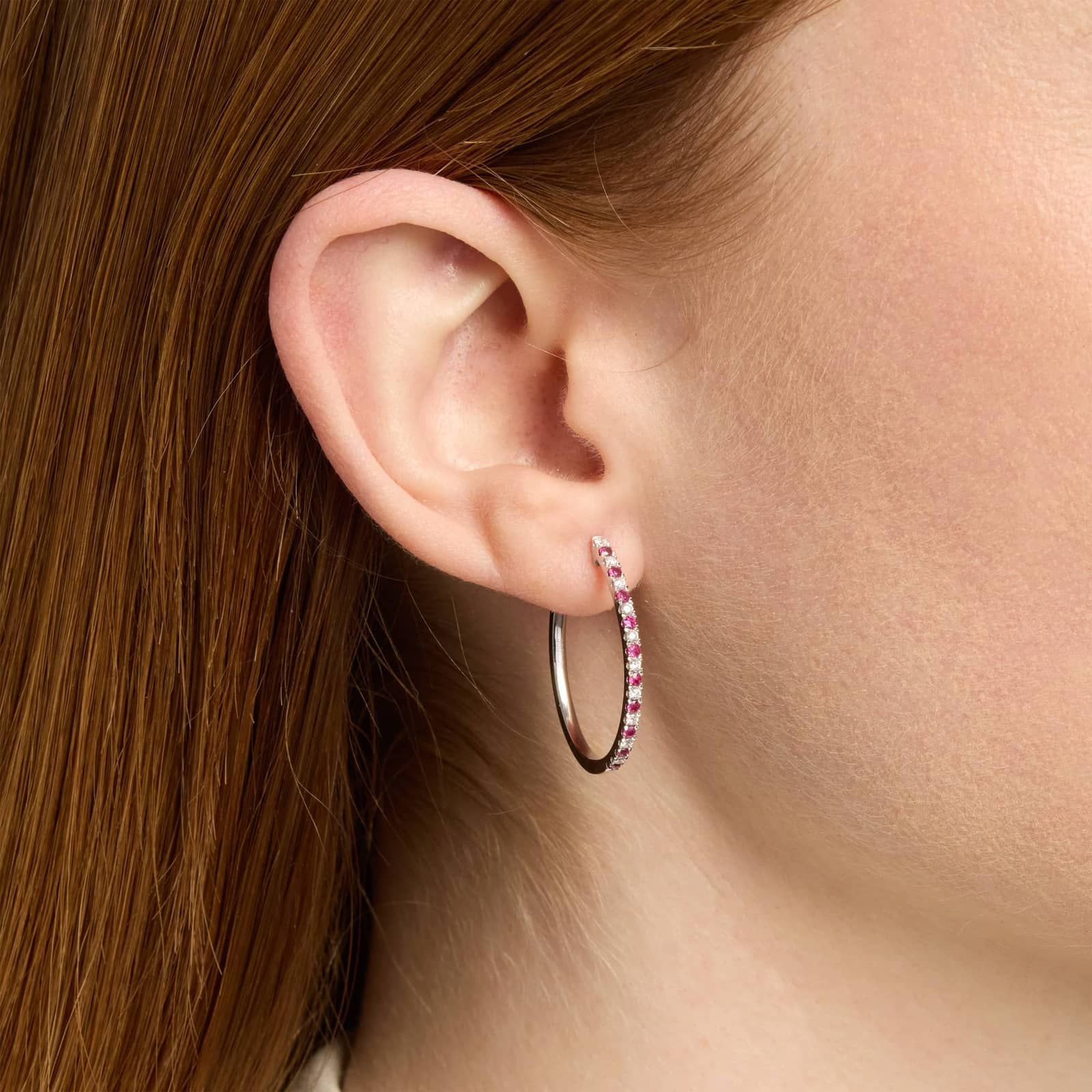 Sterling Silver Ruby and Diamond Hoop Earrings