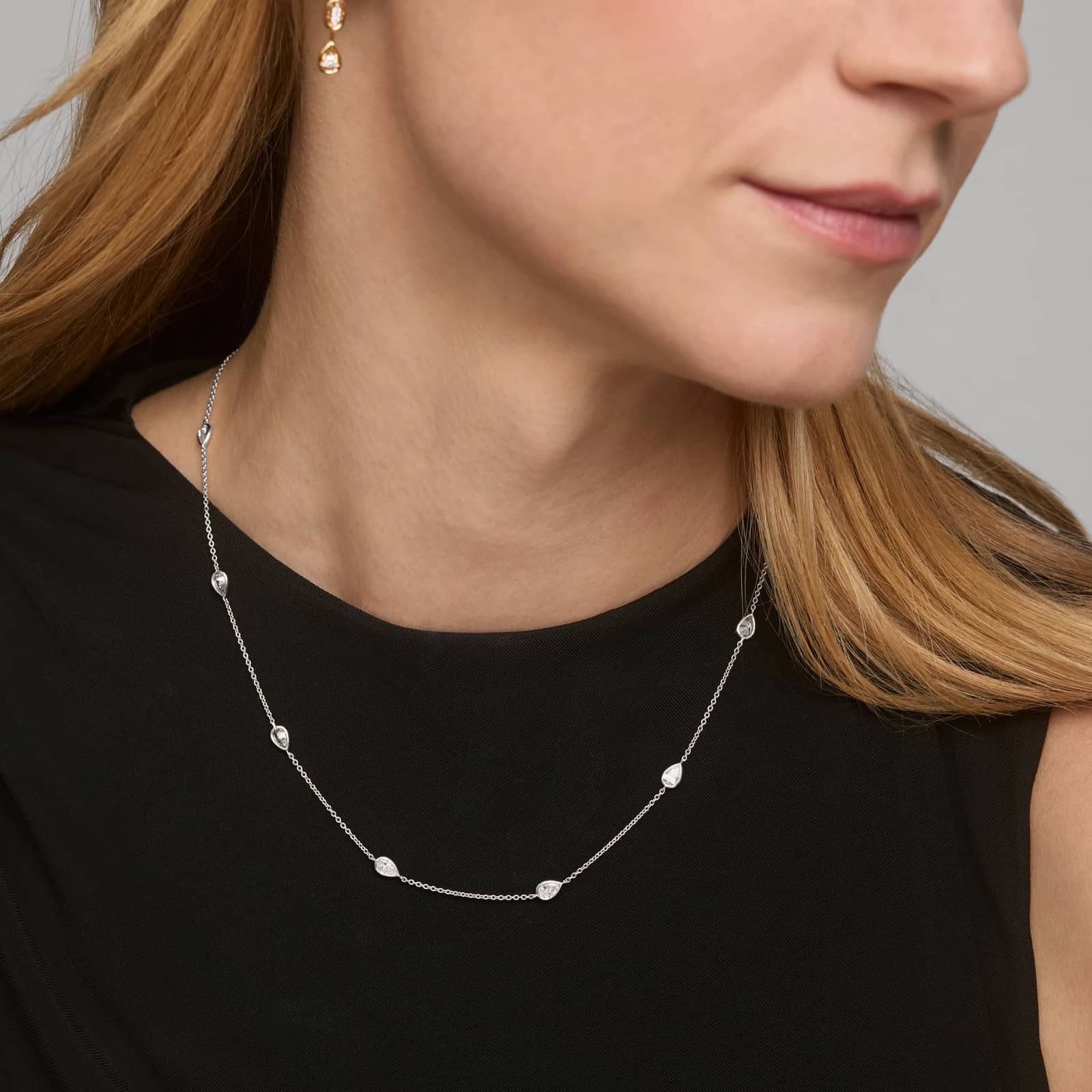 Sterling Silver Teardrop Diamond Station Necklace