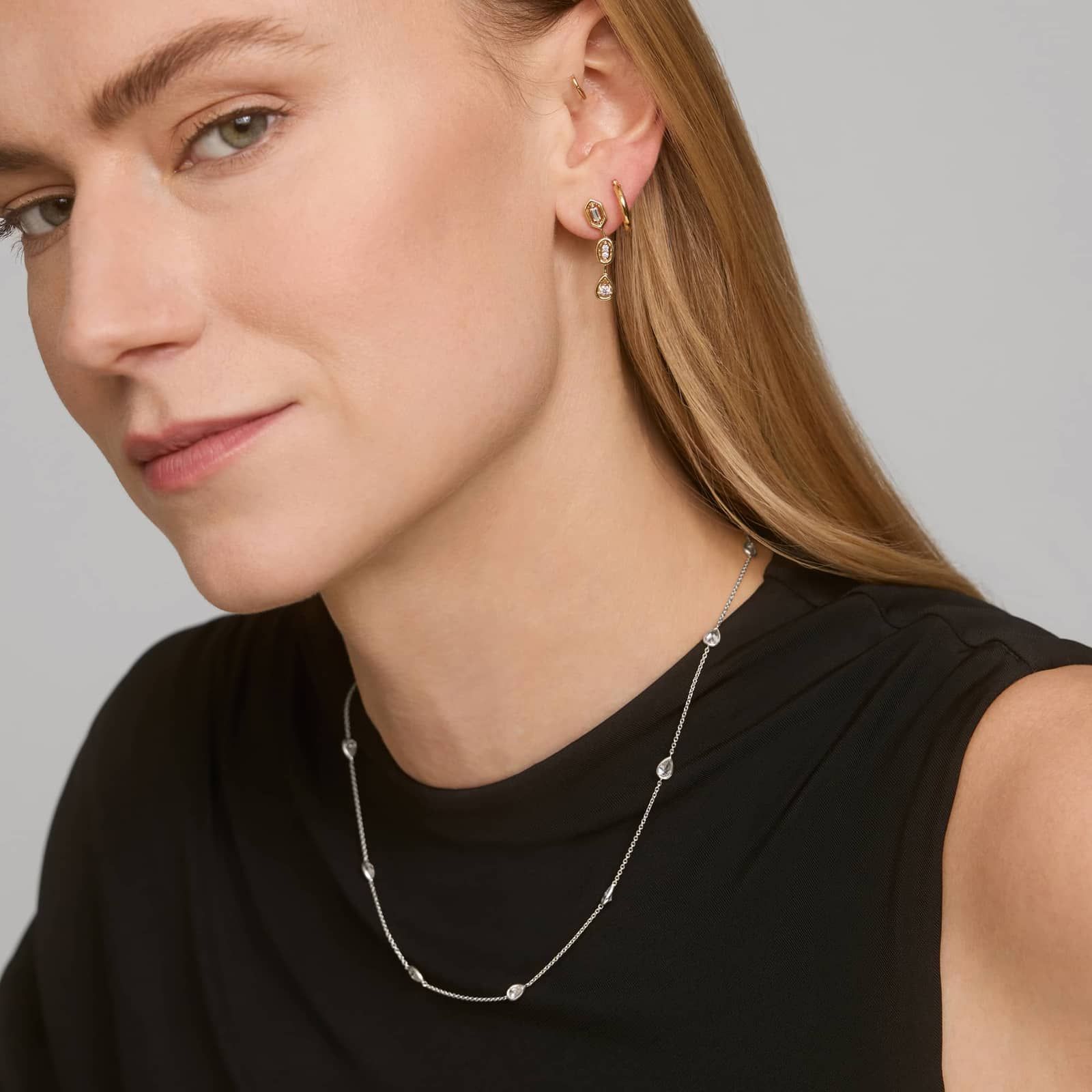 Sterling Silver Teardrop Diamond Station Necklace