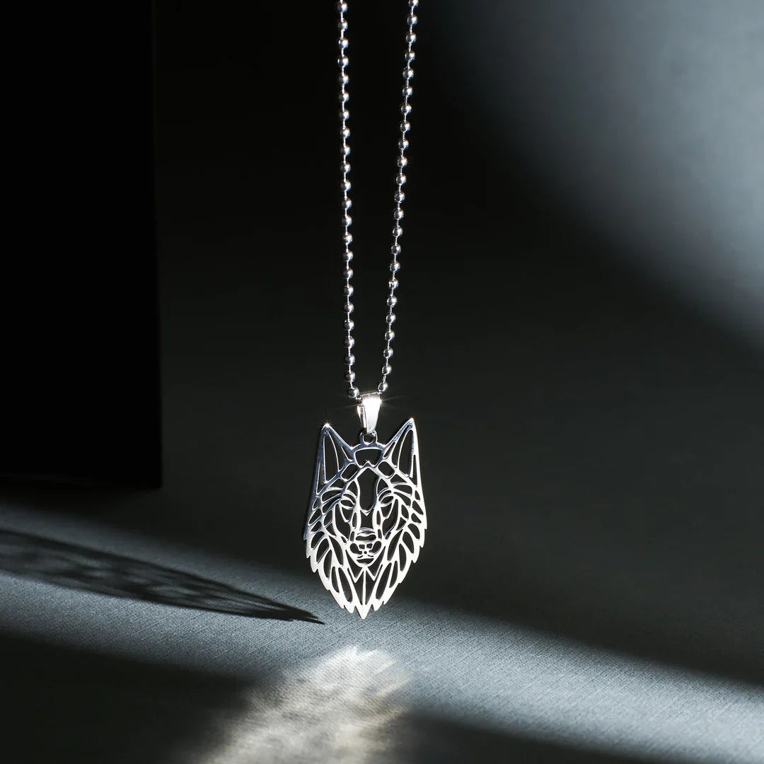 Sterling Silver Geometric Wolf Head Pendant Necklace