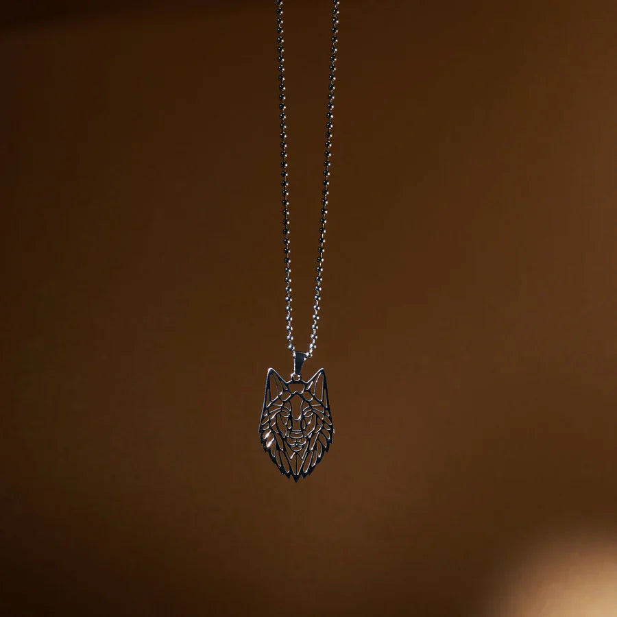 Sterling Silver Geometric Wolf Head Pendant Necklace