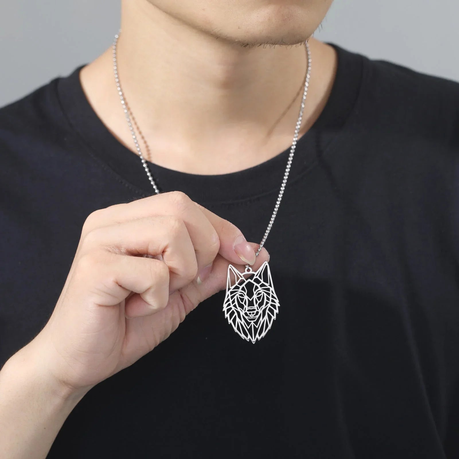 Sterling Silver Geometric Wolf Head Pendant Necklace